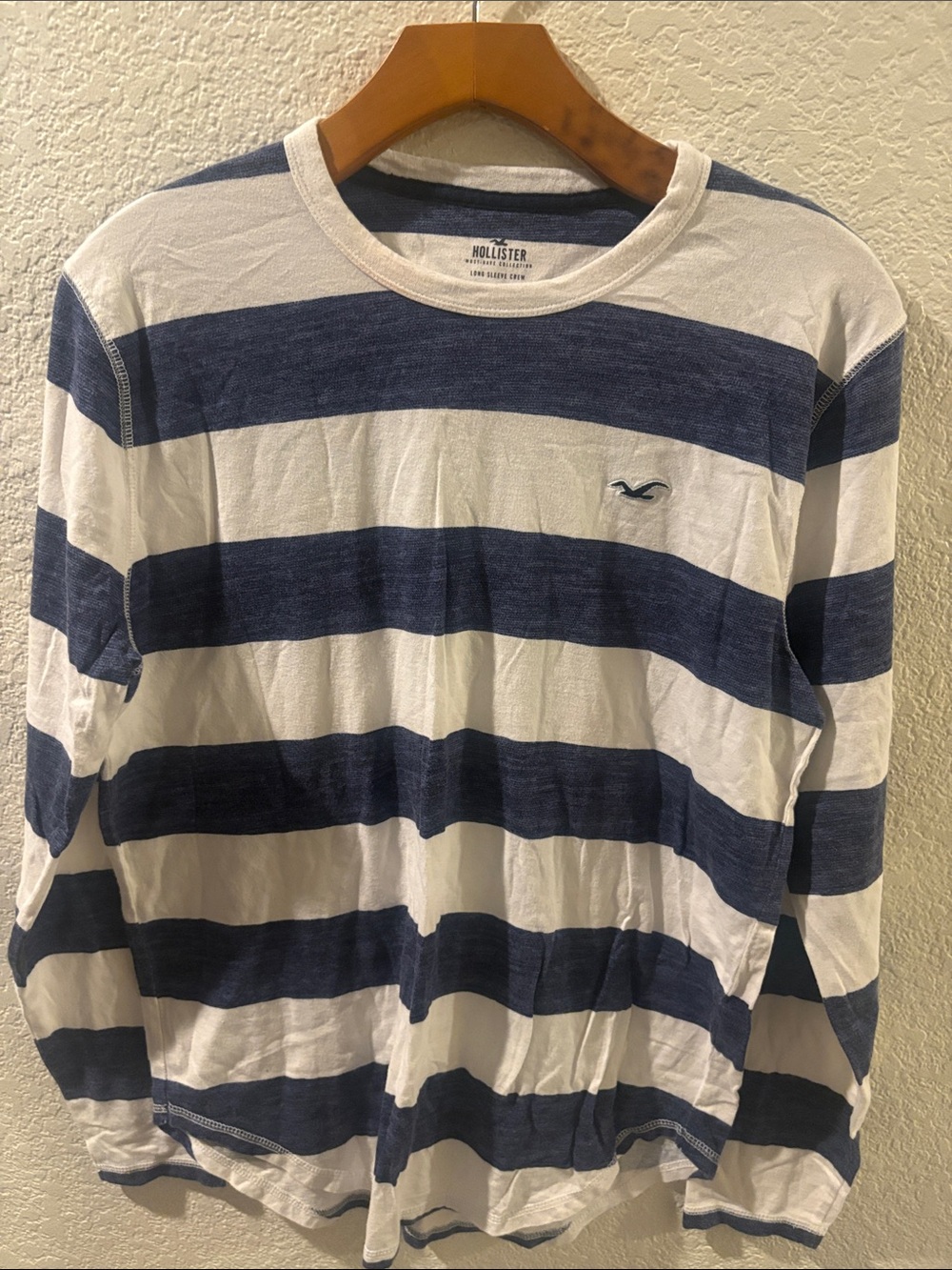 Hollister Blue and White Wide-Stripe Long-Sleeve Crew